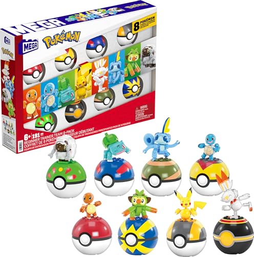 Mega Pokemon Trainer Starter Pack 8 Pokeballs with Characters, 191 Building Blocks, Includes Bulbasaur, Charmander, Squirtle and Pikachu Among Others, Toy +6 Years (HTJ75)