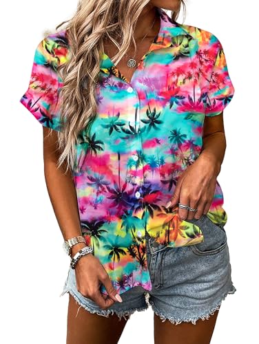 Women Hawaiian Shirt Soft Cool Summer Hawaii Tshirts Beach Tropic Print V Neck Button up Tops Floral Short Sleeve Tops