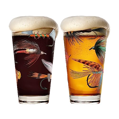 Greenline Goods – Fly Fishing Glass Set for Fisherman and Outdoorsman – Fly Lure Themed 16 oz Drinking Glass Set of 2