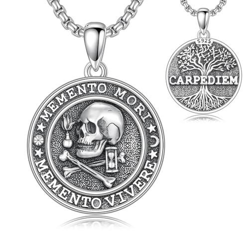 MEIDERBO Memento Mori Necklace 925 Sterling Silver Skull Pendant Hourglass Memento Mori Jewelry Gifts for Men Women