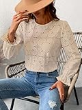 CUPSHE Women Eyelet Long Sleeve Tops Shirts Dressy Hollow Out Crochet Lace Embroidered Blouses 2025 Fashion Top Beige S