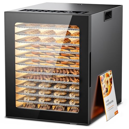 Food Dehydrator 12 Trays Stainless Steel - 850W Large Dryer for Jerky, Fruit, Meat, Herbs, Mushroom with Digital Timer & Glass Door