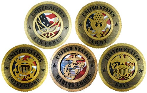 5 Branch Set Laser Cut Military 8" Wall Plaques with American Flag