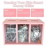 Mczxon Wooden Give Save Spend Money Saving Box for Kids, Money Coin Savings Piggy Bank Jar Box for Kid Safe Money Saver, Teach Children About Giving Saving Giving Money Piggy Box for Boys Girls, Pink