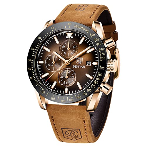 BENYAR Mens Watches Quartz Movement Chronograph Leather Strap Fashion Business Sport Design 30M Waterproof Scratch Resistant Elegant Gifts for Men