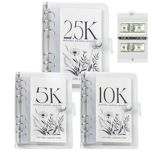 12-Month Money Savings Challenges Book with Envelopes, 3 Pcs Money Saving Binder, Money Binder for Cash Saving for Office, Home, School (2.5K+5K+10K)