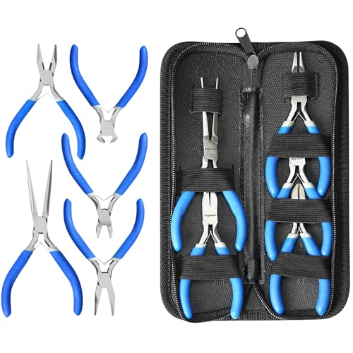 SOONAN 5 Pieces Mini Pliers, Long Lasting Tool Set Cable Cutters, Long Needle Nose, Long Nose, Nipper Bent Nose, End Cutting, Diagonal Cutting, Precision Pliers Set