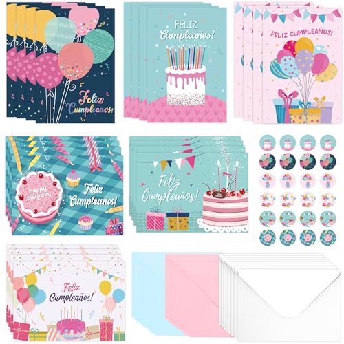 Spanish Birthday Cards Bulk：24 Pcs Tarjetas de Cumpleaños Feliz Cumpleaños Cards with Envelopes and Stickers, Assorted Happy Birthday Cards, Gifts for Friends, Coworkers, Loved One