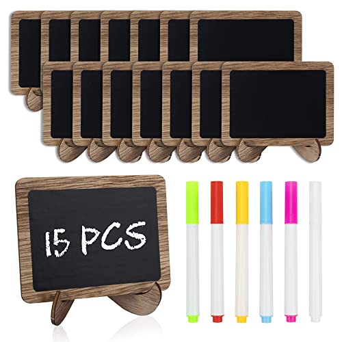 Temlum 15 Pcs Mini Chalkboard Sign with 6 Color Chalk Markers, 2.9″ x 3.9″ Wooden Blackboard Reusable Small Chalkboards for Food, Buffet, Message Board, Table Number (Rustic Brown)