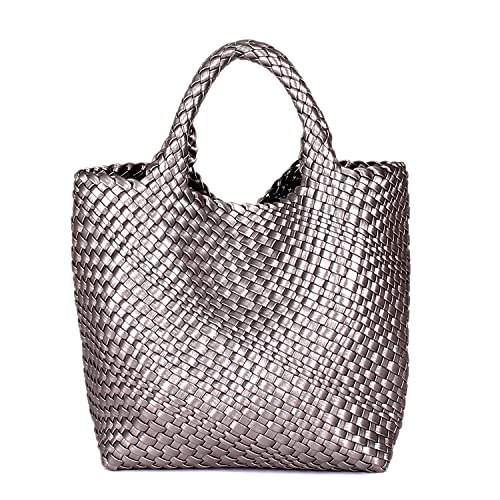 JINMANXUE Fashion Woven Bag Shopper Bag Travel Handbags and Purses Women Tote Bag Large Capacity Shoulder Bags(Gun silver)