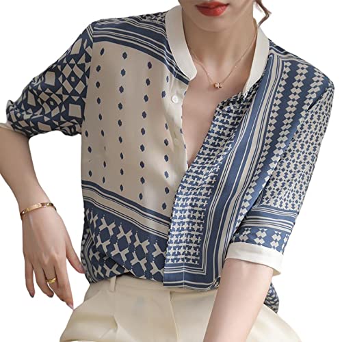 Korean Summer Shirt Women's Sweet top Retro Checkered Striped Shirt Women's Silk top (Blue,M,Medium)