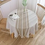 ColorBird Farmhouse Tablecloth Heavy Weight Stitching Tassel Cotton Linen Dust-Proof Table Cloth for Kitchen Dinning Tabletop Decoration (Round, 60 Inch, Linen)