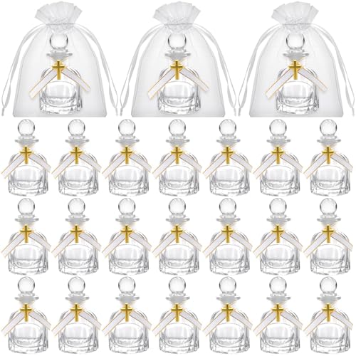 24 Sets Holy Water Bottles Catholic Bulk Baptism Favors for Guests 50ml Holy Catholic Christian Glass Bottles with Gold Cross for Holy Communion Gifts Church Wedding Baptism Favors (White)