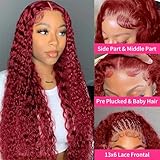 250% Density 99J Burgundy 13x6 Deep Wave HD Lace Front Wigs Human Hair for Women Glueless Burgundy Deep Curly Lace Frontal Wigs Brazilian Virgin Human Hair Wigs Pre Plucked with Baby Hair(#99j,32Inch)