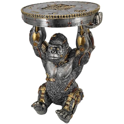 GENUINQ Steampunk Gorilla Side Table Pedestal End Table Stool Resin Cyborg Monkey Sci-fi Statue Sculpture Hand Painted Collectible Figurine with Cool Gear for Home Man Cave Decor Silver
