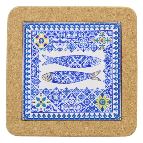 Portuguese Cork & Ceramic Tile Trivet with Tile Azulejo Sardine Design
