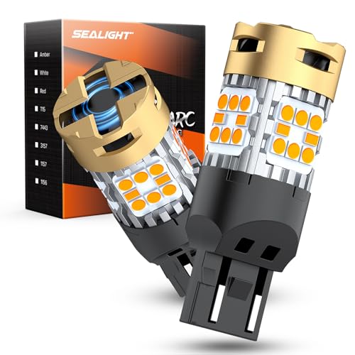 SEALIGHT 7440 7443 LED Bulb Amber Yellow Turn Signal Light with Turbo Fan, 3600LM 30W Surper Bright T20 7441 7444 W21W LED Bulbs Replacement for Front/Rear Turn Signal, Pack of 2