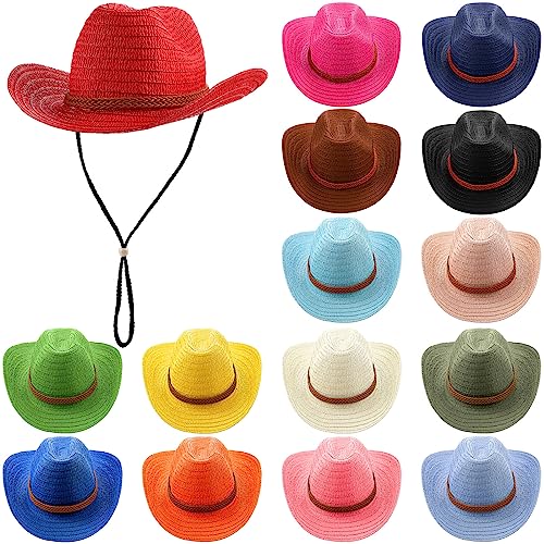 Suhine 15 Pcs Straw Cowboy Hat for Men Women Colorful Western Party Hat Bulks Sun Protection Wide Brim Cowgirl for Summer Beach Adventure Fishing Camping Garden Yard, 15 Colors