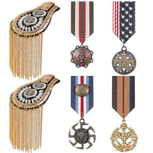 Solsew 6 Pcs Retro Crown Geometric Metal Medal and Metal Tassel Link Chain Epaulet Shoulder for Men Women Uniform Accessory