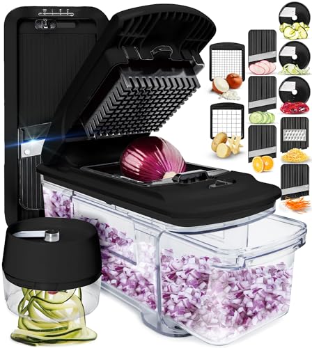 Fullstar All-in-1 Vegetable Chopper and Mandoline Slicer for Kitchen - Cheese Grater, French Fry Cutter, Cheese Slicer - Bonus Handheld Spiralizer Included (6 in 1, Black)