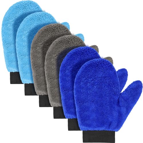 Teenyyou 6 Pcs Microfiber Dusting Mitt with Thumb Washable Reusable Household Cleaning Mitt Car Wash Gloves Terry Weave Dusting Gloves for Plant Car Wheel House Blinds Kitchen Pool Dust(Blue, Grey)