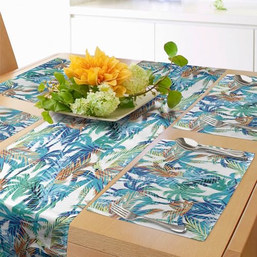 Ambesonne Palm Leaf Table Runner & Placemats, Tropical Summer Print with Palm Abstract Nature Pattern Fantasy Dream, Set for Dining Table Decor, Placemat 4 pcs + Runner 16"x72", Blue Mint Green Orange