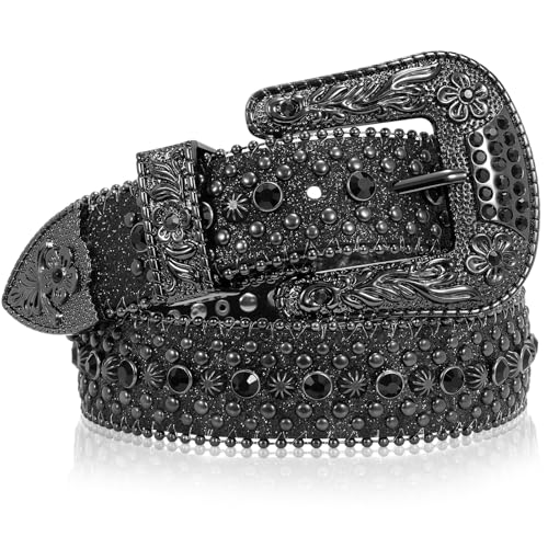 SUOSDEY Men Women Rhinestone Belt Western Cowboy Cowgirl Shine Crystal Diamond Studded Luxury Strap Belts,Black