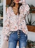 Biucly Womens Casual Floral Print Boho Clothes Loose Long Sleeve V Neck Button Down Shirts Tunic Spring Tops Blouses for Women Fashion 2025,US 4-6(S),Flower Apricot