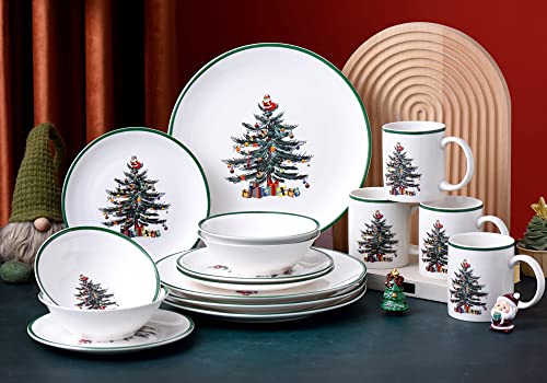 16 Piece Christmas Dishes Dinnerware Sets, Christmas Tree Dinnerware Set with Green Edge, Christmas Porcelain Dinnerware Set for Christmas (4×10.5 Inch Plates, 4×8 Inch Plates, 4×Bowls, 4×Mugs)