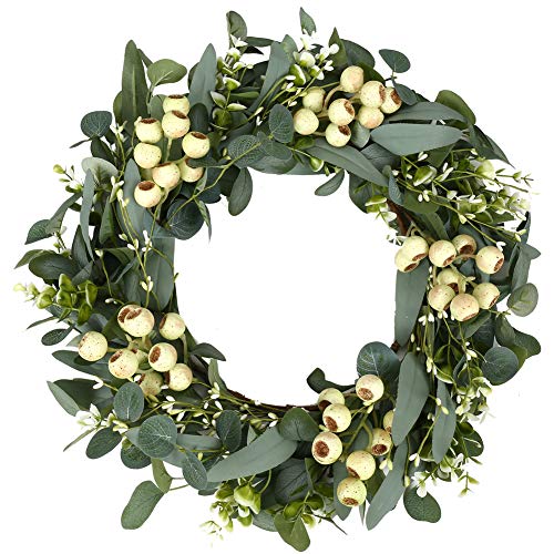 JINGHONG Eucalyptus Wreaths for Front Door 20 Inch Green Home Decor for Wall Porch Window Spring Summer Wreath with Big Berries for All Seasons Winter Christmas
