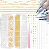 2 Boxes Nail Chain Charms and Round Beads for Nail Art, Gold Silver Line Nails Art Chains Mixed Sizes Round Caviar Steel Ball Nails Accessories for Acrylic Nails Tips Manicure Decor