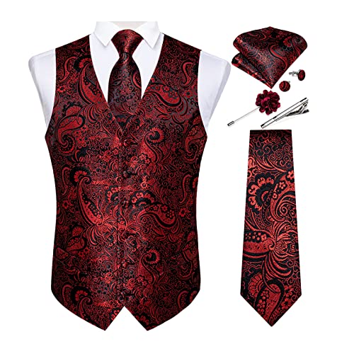 DiBanGu Mens Vest and Tie Set Formal Paisley Waistcoat and Necktie Pocket Square Cufflinks Silk Suit Vest for Tuxedo Wedding, Black and Red, X-Large