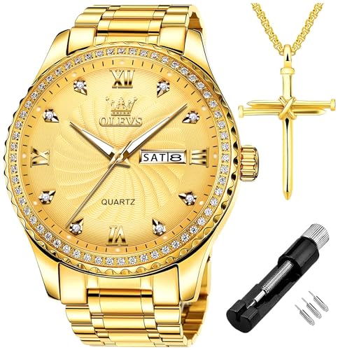 OLEVS Gold Watches for Men Diamond Luxury Wrist Watch Valentines Gifts Set Waterproof Stainless Steel Big Face Luminous Classic Casual Dress Day Date Calendar Analog Quartz Watch for Young Male