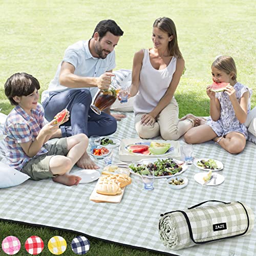 ZAZE Extra Large Picnic Outdoor Blanket, 80''x80'' Waterproof Foldable Blankets Gingham Picnic Mat for Beach, Camping Grass Lawn Park Accessories Cute Couple Gifts Ideas Wedding Registry(Green White)