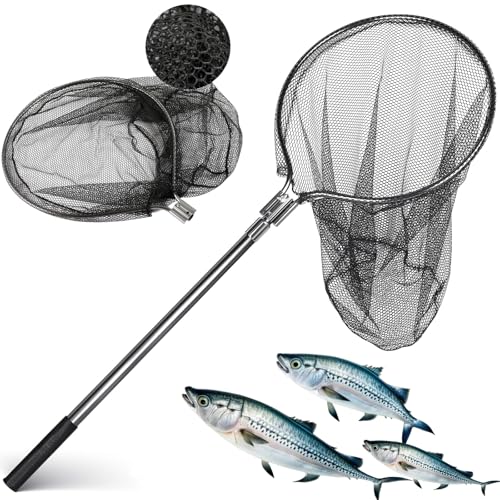 SIWRDTG Large Fishing Net Rubber Fishing Net Large Heavy Duty Extra Large Landing Net for Saltwater Aluminum Fishing Net Telescoping Handle(Extends to 67-100inch with 20" Net Opening)