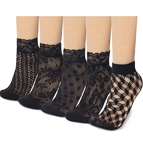 sevening Lace Net Ankle Socks Women - 5Pairs Black Mesh Ruffle Fishnet Socks