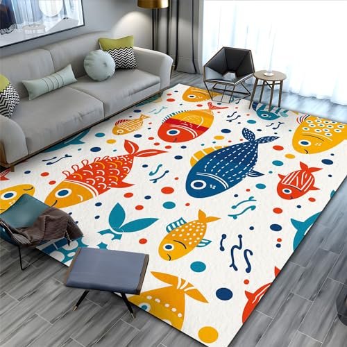 Washable Non-Shed Rugs 4 x 5 ft, Wave Polka Dots Throw Rugs for Bedroom Non Slip, Soft Colorful Cartoon Fish Bathroom Mat, Entryway Rug Indoor Floor Chair Carpet for Living Room Coffee Table
