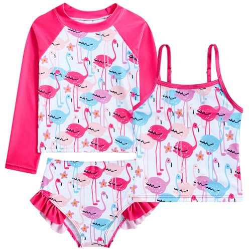 Little Girl Swimsuit Size 5 6 Long Sleeve 3 Pieces Rash Guard Tankini Bathing Suit Cute Flamingo Swimwear Ruffle UPF50+ Kids Bikini