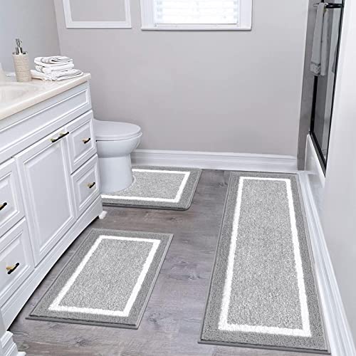 Pauwer Bathroom Rug Set 3 Piece, Non-Slip Absorbent Bath Mats, Microfiber Soft, Absorbent Plush Shaggy Carpets Includes U-Shaped Toilet Mat for Bath Floor, Shower, Light Grey