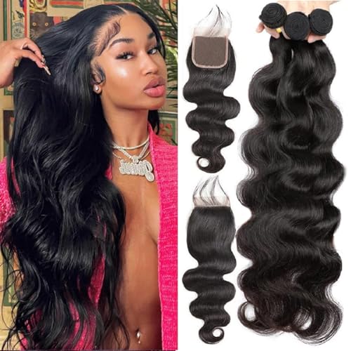 Bundles Human Hair Body Wave Bundles with Closure 100% Unprocessed Brazilian Virgin Human Hair Body Wave 3 Bundles with 4x4 Lace Closure Free Part for Black Women 24 26 28+22 inch