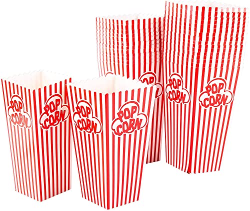 GSM Brands Popcorn Containers Boxes (100 Pack) - Striped White and Red Paper - for Home Movie Theater