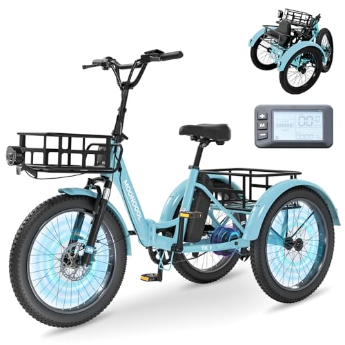 MOONCOOL Electric Tricycle for Adults, 500W/750W 48V 20" Folding Electric Trike Peak Power 1100W, 3 Wheels Electric Bicycle, Aluminum Frame Electric Tricycle with Large Basket and Removable Battery