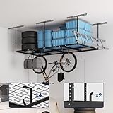 FLEXIMOUNTS 4x8 Overhead Metal Garage Storage Rack w/Hooks Adjustable Ceiling Storage Rack, 96" Length x 48" Width x 40" Height, 22''-40" Ceiling Dropdown, Black