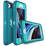 MXX Case Designed for iPhone SE 2022 /SE 2020 Heavy Duty Protective Case with Screen Protector [3 Layers] Rugged Rubber Shockproof Protection Cover & Rotating 360 Degree Belt Clip (Turquoise)