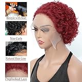 Red Short Curly Wigs Pixie Cut Lace Front Wigs 6 inch Human Hair 13X1 Pixie Cut Short Curly Burgundy Human Hair Wigs HD Lace Front Wigs Plucked Pixie Curly Wigs for Black Women (6 Inch, Red)