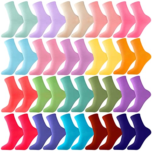 Newcotte 20 Pairs Candy Colored Women Socks Solid Color Lightweight Crew Socks Cotton Athletic Colorful Socks Assorted Colors for Shoe Size 6-9