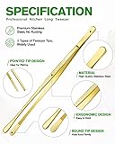 4 Pcs Fine Long Tweezer Tongs Professional Gold, 12'' and 10'' Stainless Steel for Kitchen, Food, Cooking, Repairing, Sea food and BBQ