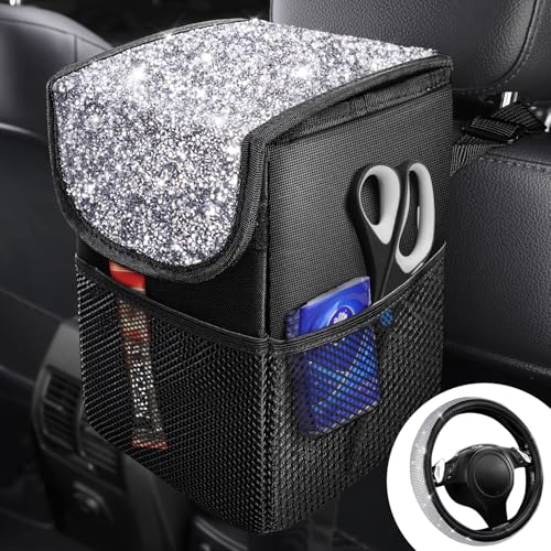 CAR PASS Bling Diamond Car Trash Can with Lid and Storage Pockets,Leak-Proof Oxford Garbage Bin Waterproof,Leather Steering Wheel Cover,Glitter Universal Fit 14"1/2-15" for Women,Silver Rhinestones