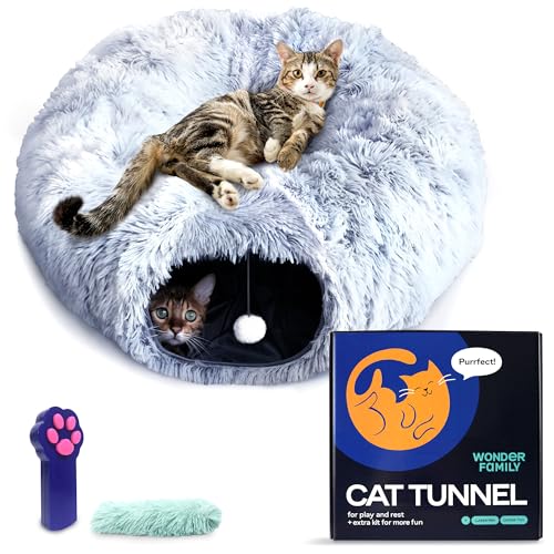 Cat Tunnel Bed with Cat Toys for Bored Indoor Adult Cats – Includes 1 Laser Paw, 1 Ball, and 2 Hollow Tunnels to Form Big Donut Shaped Tube - Can Be Used as Peekabo Cave or Comfy Pet Bed