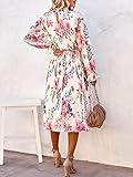 ANRABESS Women's Floral Midi Dress Puff Long Sleeve Casual Ruffle Chiffon A-Line Swing Pleated Belted Tea Party Dresses Floral Pink Small